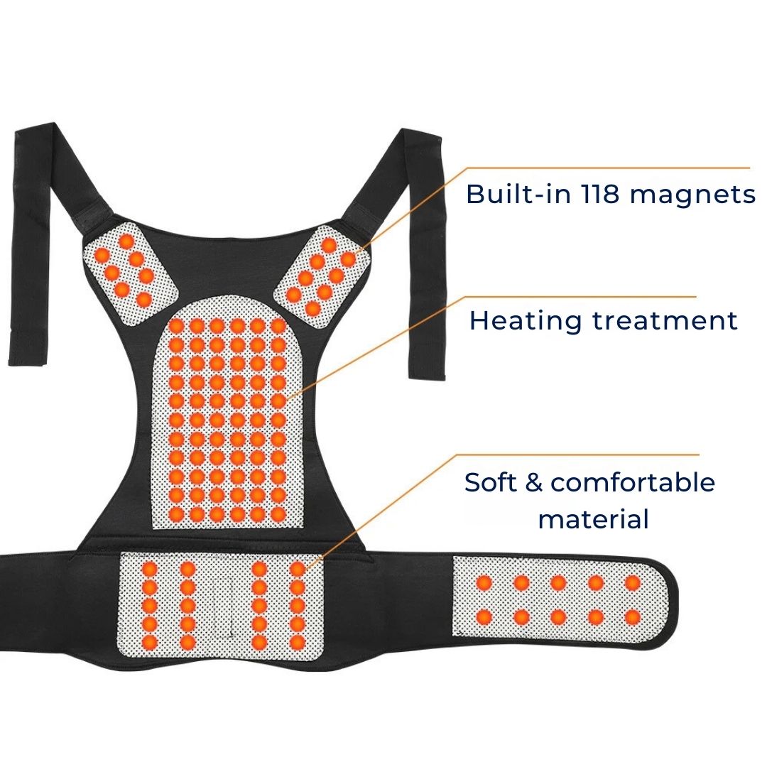 MagniTherm Self-Heating Back Support | Adjustable Heated Posture Corrector - Back Pain Relief - Posture Improvement Bowlift