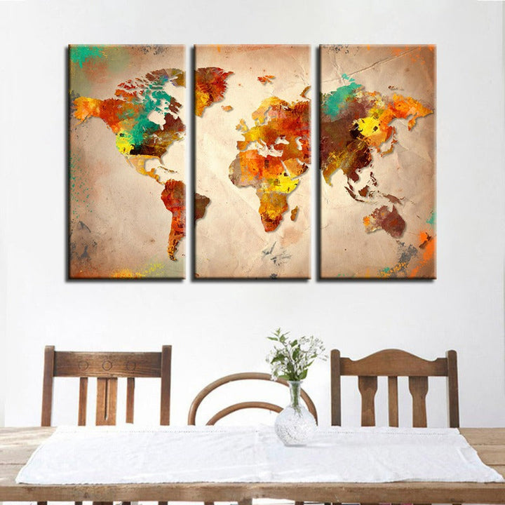 Beautiful Abstract Multi-Color World Map-Canvas Wall Art Painting 3 Pieces | Bowlift