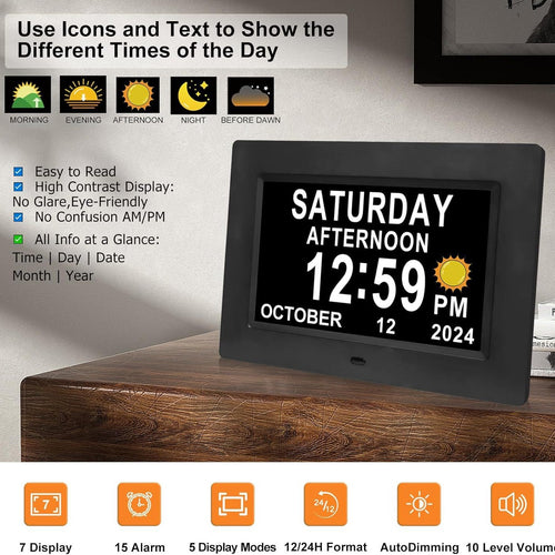 BowLift | 11.5-Inch Digital Calendar Day Clock with 19 Reminders – Claryon