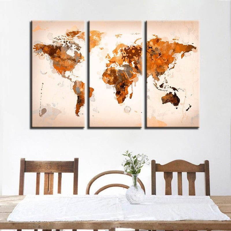 Beautiful Abstract Brown World Map-Canvas Wall Art Painting 3 Pieces | Bowlift