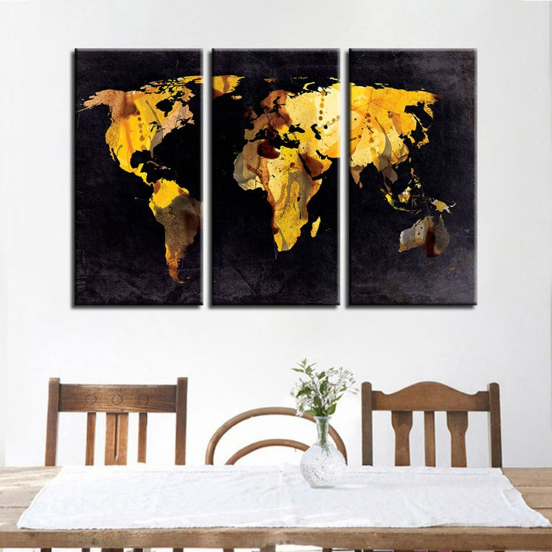 Beautiful Yellow Leaf World Map-Canvas Wall Art Painting 3 Pieces | Bowlift