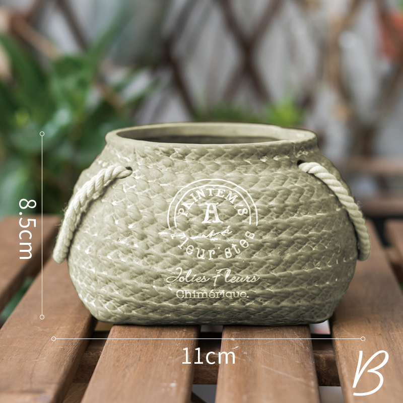 BowLift | Ceramic Plant Pot in Hemp Bag Design with Rope Handles – Decorative Flower Pot for Garden and Home