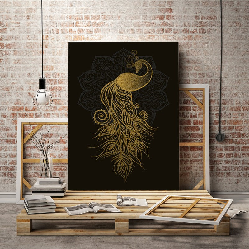 Abstract Golden Mandala Peacock - Canvas Wall Art Painting | Bowlift