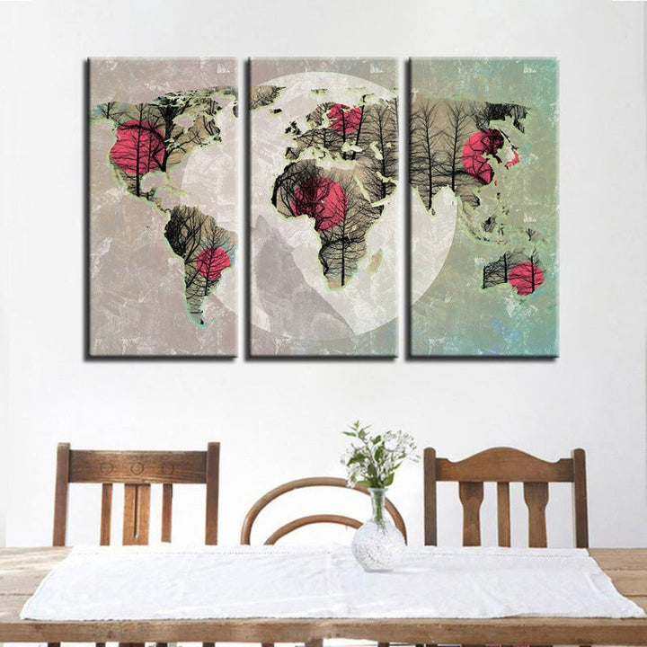 Beautiful Abstract Pink Sun World Map-Canvas Wall Art Painting 3 Pieces | Bowlift