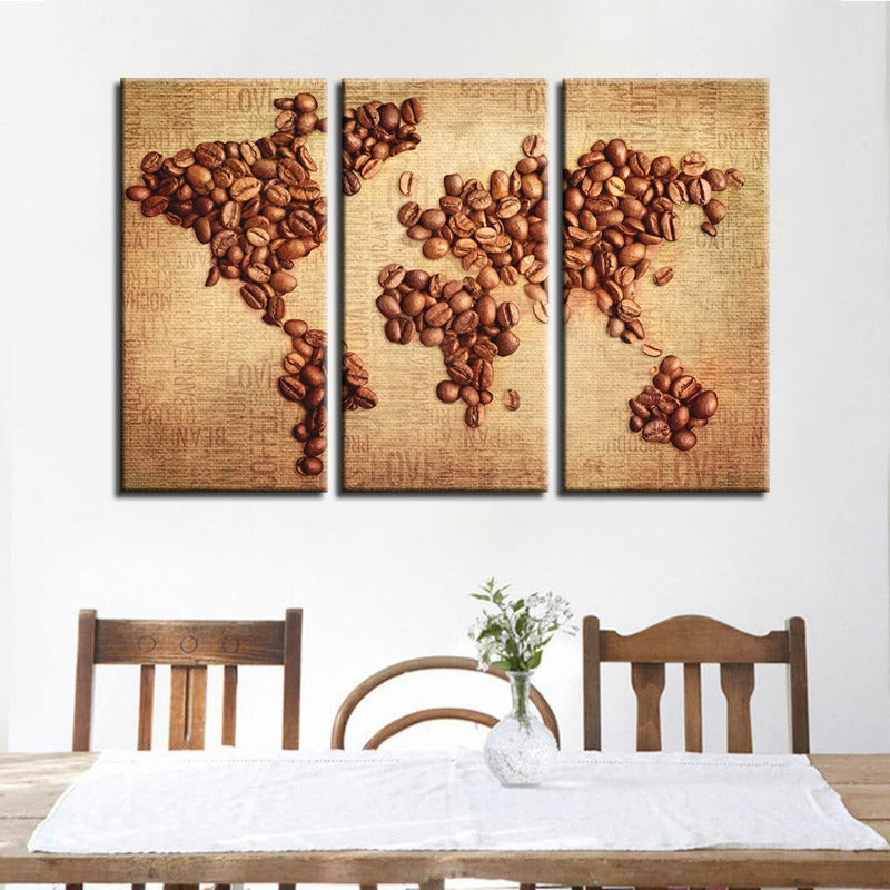 Beautiful Abstract Coffee Beans World Map - Canvas Wall Art Painting 3 Pieces | Bowlift
