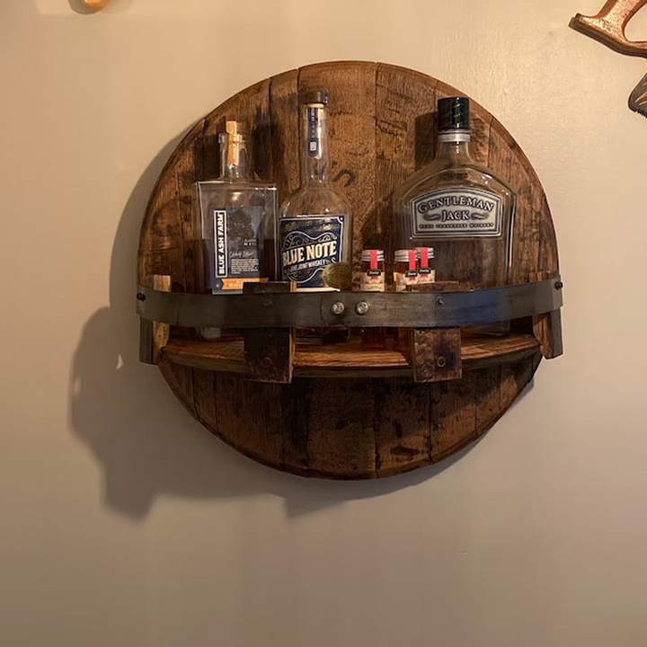 Whiskey barrel wall shelf | Rustic solid wood design | Round