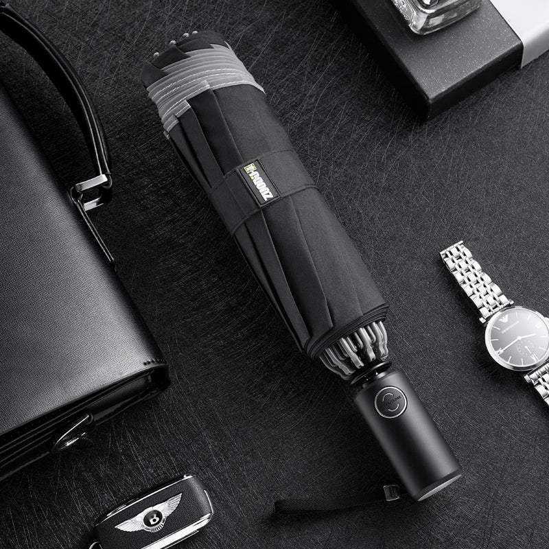 BowLift | Windproof Reverse Folding Umbrella with LED, Auto Open/Close Design, Safe Reflective Tape & Sturdy 10 Ribs