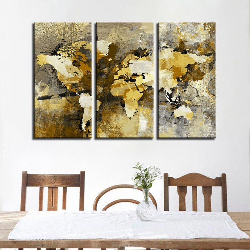 Beautiful Abstract Yellow Brown World Map-Canvas Wall Art Painting 3 Pieces | Bowlift