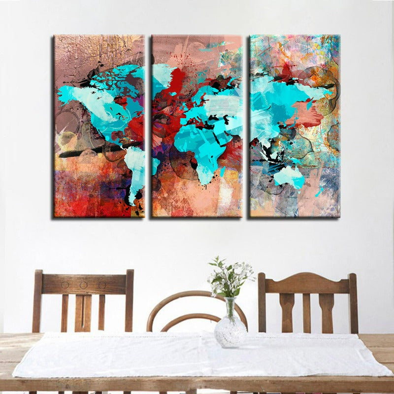 Beautiful Abstract Sea Blue & Red World Map-Canvas Wall Art Painting 3 Pieces | Bowlift