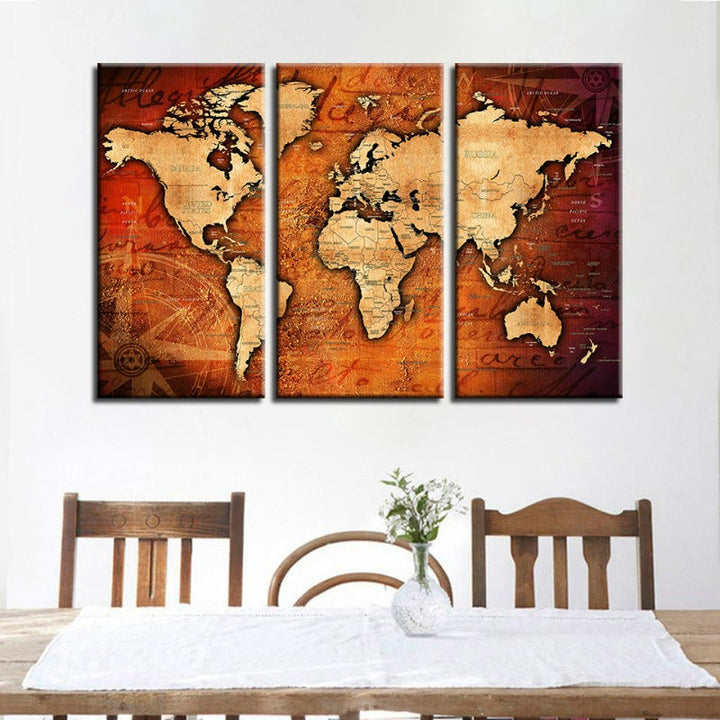 Brown & Red Rustic World Map-Canvas Wall Art Painting 3 Pieces | Bowlift