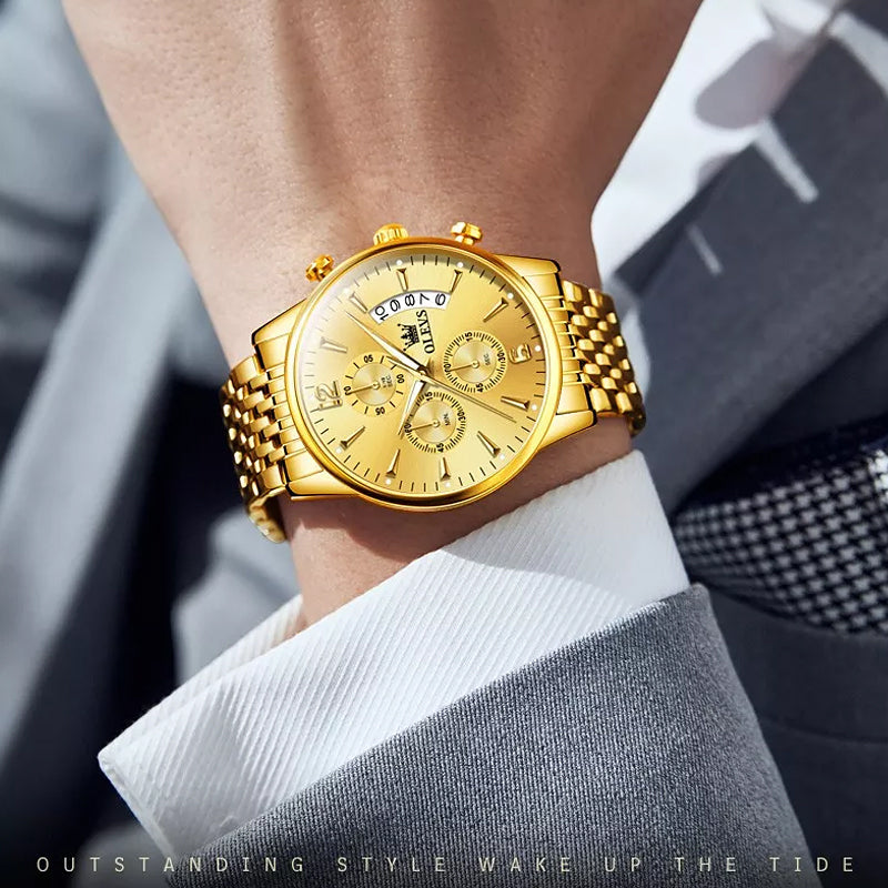 BowLift | Luxury Gold Three-Eye Chronograph Dial Automatic Mechanical Watch