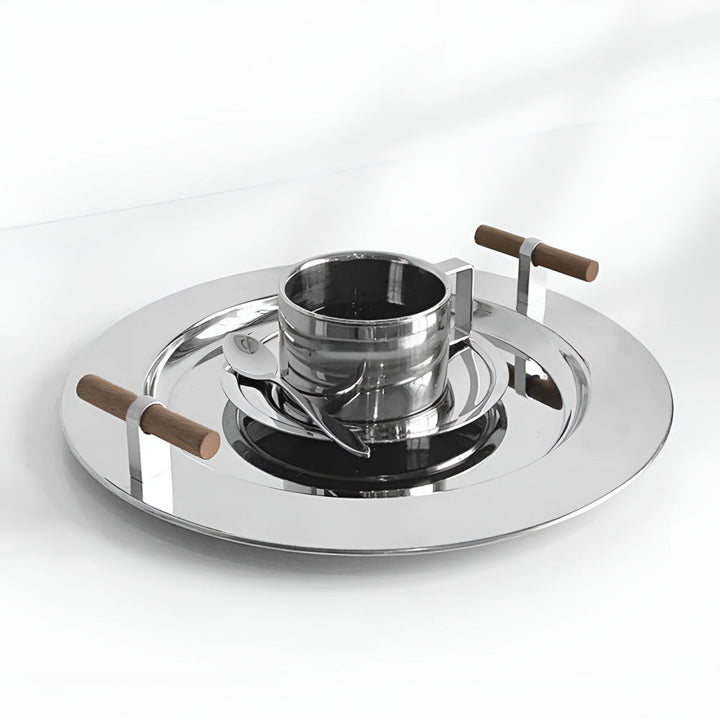 BowLift | Elegant Stainless Steel Round Tray with Wooden Handles