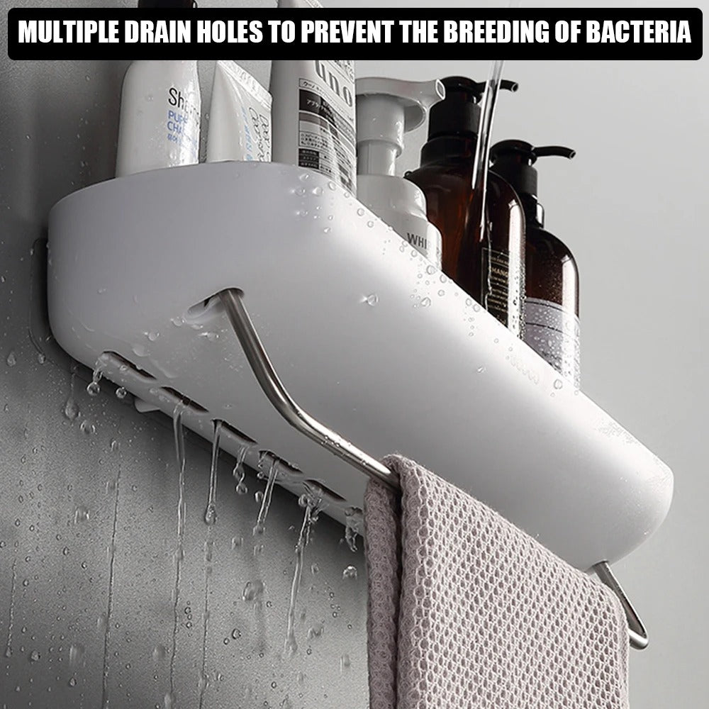 Wall-mounted shower shelf without drilling – With towel holder & drainage holes | Bowlift