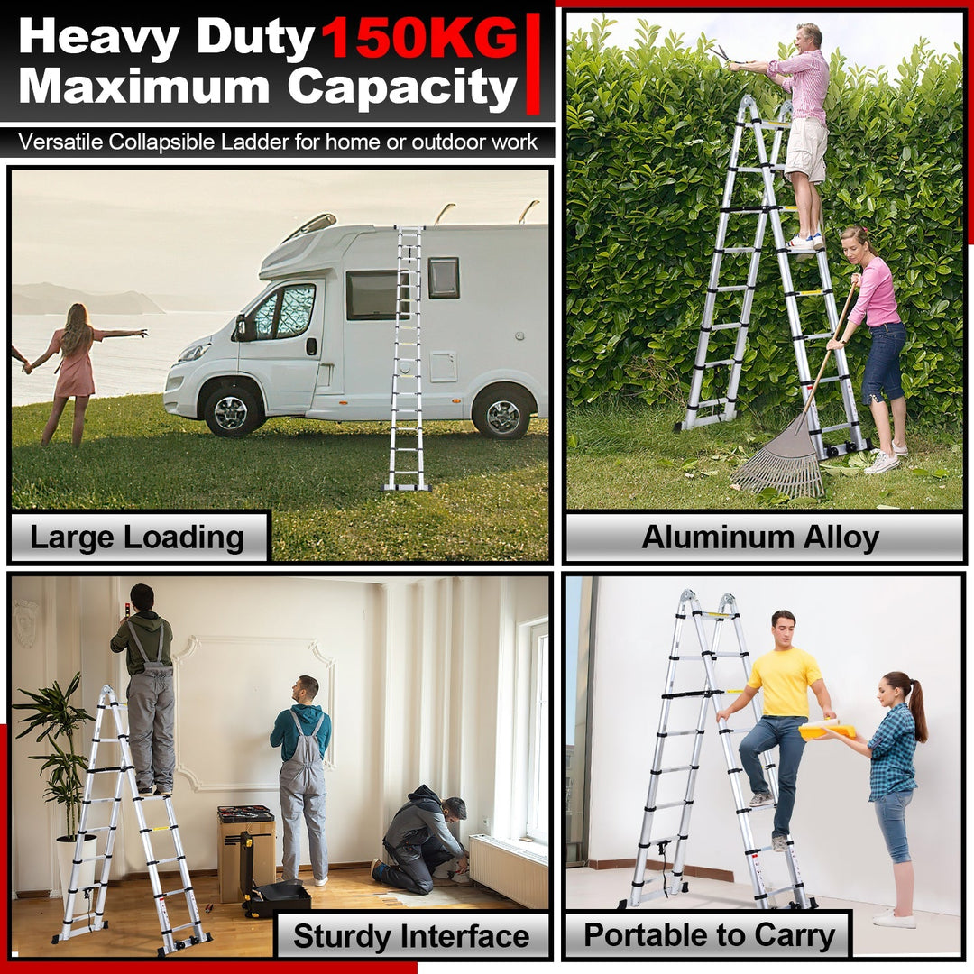 5M Aluminum Telescopic Ladder Folding Ladder with Wheels and Triangle Stabilizer | Bowlift
