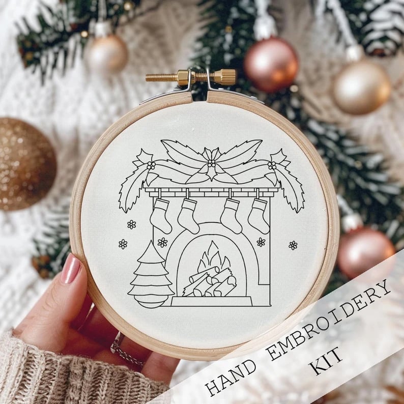 BowLift | Christmas Embroidery Kit | Winter Snowy Village Pattern | Beginner Craft Set with Hoop & Threads