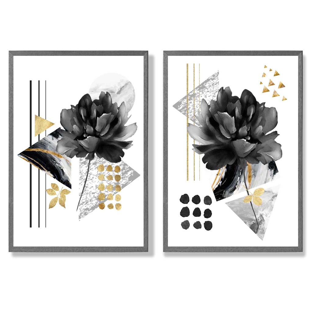Contemporary flowers in black and gold framed set of 2 art prints | Bowlift