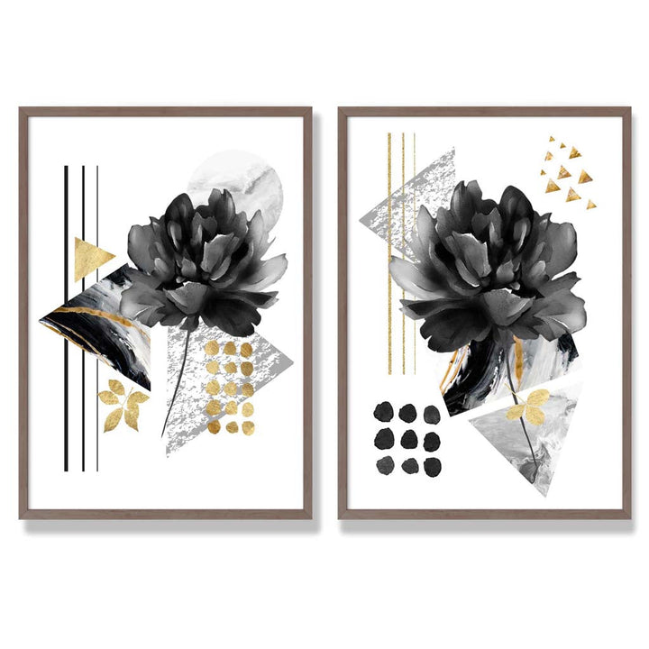 Contemporary flowers in black and gold framed set of 2 art prints | Bowlift
