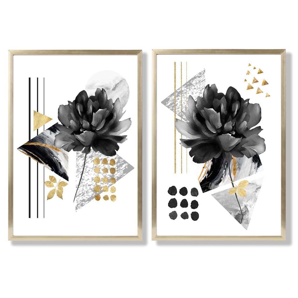 Contemporary flowers in black and gold framed set of 2 art prints | Bowlift