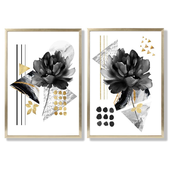 Contemporary flowers in black and gold framed set of 2 art prints | Bowlift