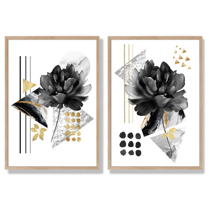 Contemporary flowers in black and gold framed set of 2 art prints | Bowlift