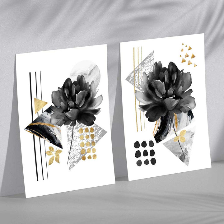 Contemporary flowers in black and gold framed set of 2 art prints | Bowlift