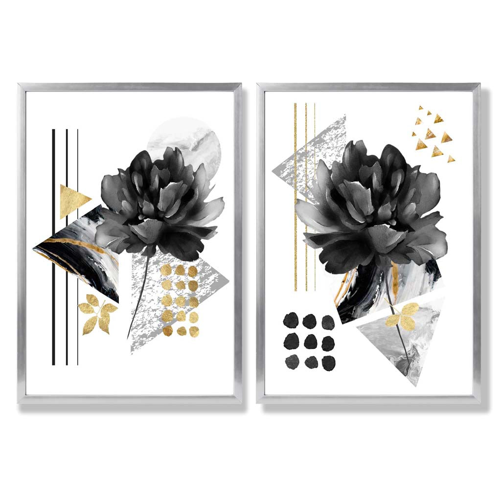 Contemporary flowers in black and gold framed set of 2 art prints | Bowlift