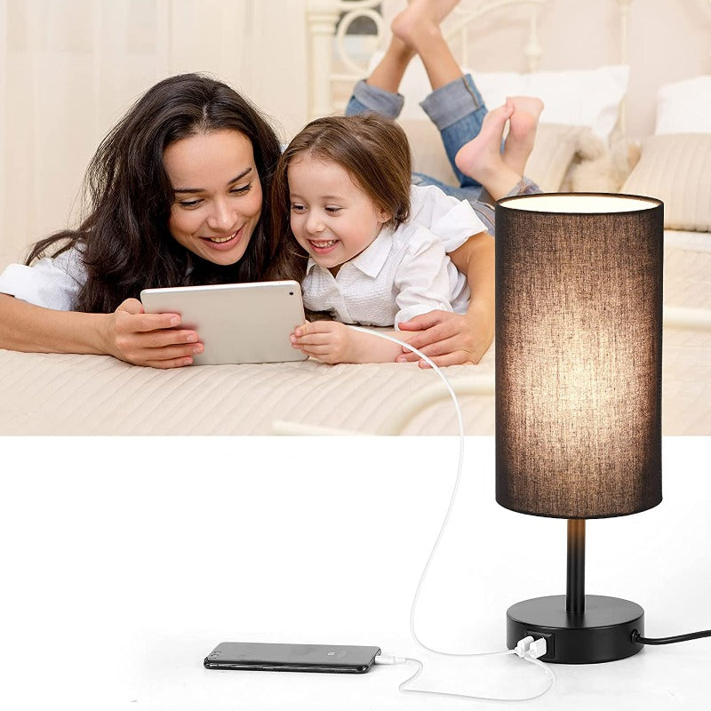 BowLift | Lamp with USB connection Touch-Control Table Lamp for Bedroom Wood 3-stage dimmable Bedside Lamp with Round Linen Fabric Shade for Living Room, Student Dorm, Home Office