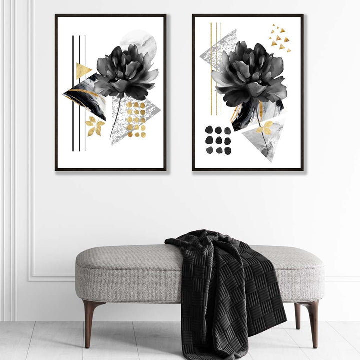 Contemporary flowers in black and gold framed set of 2 art prints | Bowlift