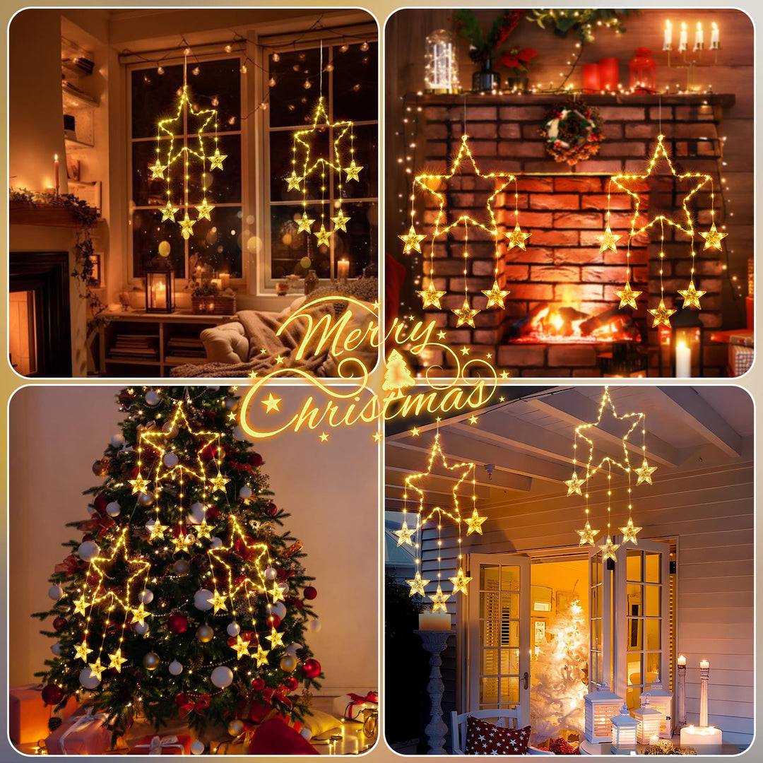 BowLift | Quntis 2Pcs 95cm Large Christmas Window Lights, 84LED 12 Stars Battery Operated Christmas Silhouette Sparkle Star Lights with Timer Memory, 8 Modes Xmas Indoor Outdoor Hanging Decoration, Warm White