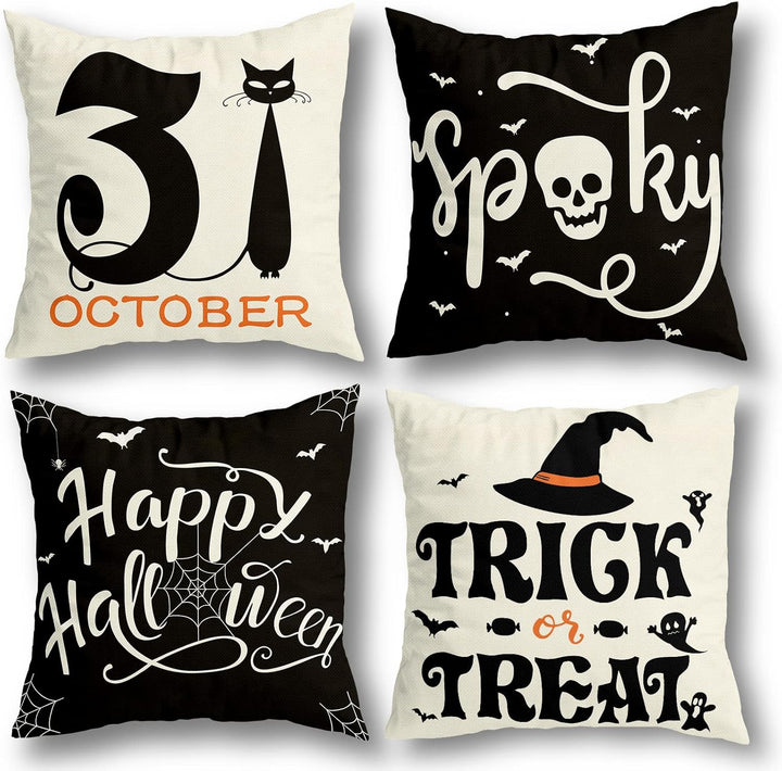 Set Of 4 Halloween Pillow Covers -  Spider Web, Cat, Skull Decorative Cushion Cases (45 x 45 CM) Bowlift