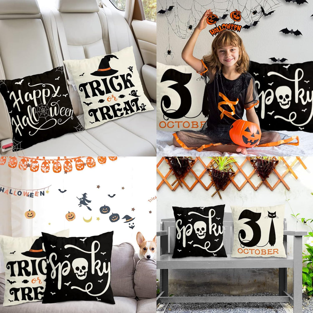 Set Of 4 Halloween Pillow Covers -  Spider Web, Cat, Skull Decorative Cushion Cases (45 x 45 CM) Bowlift