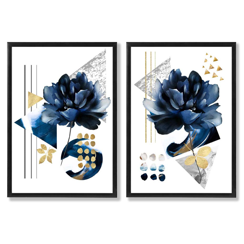 Contemporary Flowers in Blue and Gold Framed Set of 2 Art Prints | Bowlift