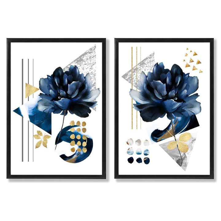 Contemporary Flowers in Blue and Gold Framed Set of 2 Art Prints | Bowlift