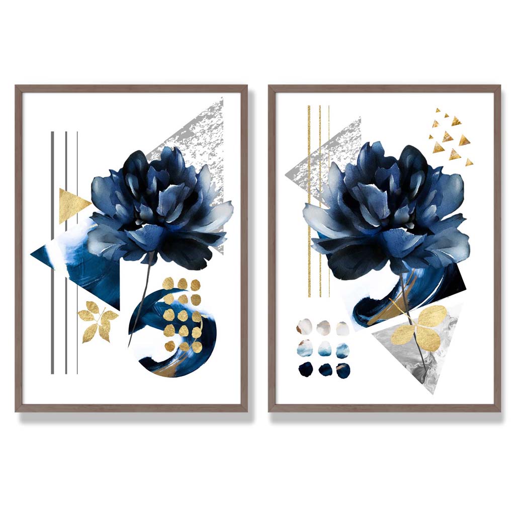 Contemporary Flowers in Blue and Gold Framed Set of 2 Art Prints | Bowlift