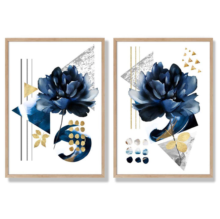 Contemporary Flowers in Blue and Gold Framed Set of 2 Art Prints | Bowlift