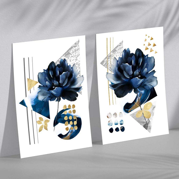 Contemporary Flowers in Blue and Gold Set of 2 Art Prints | Bowlift