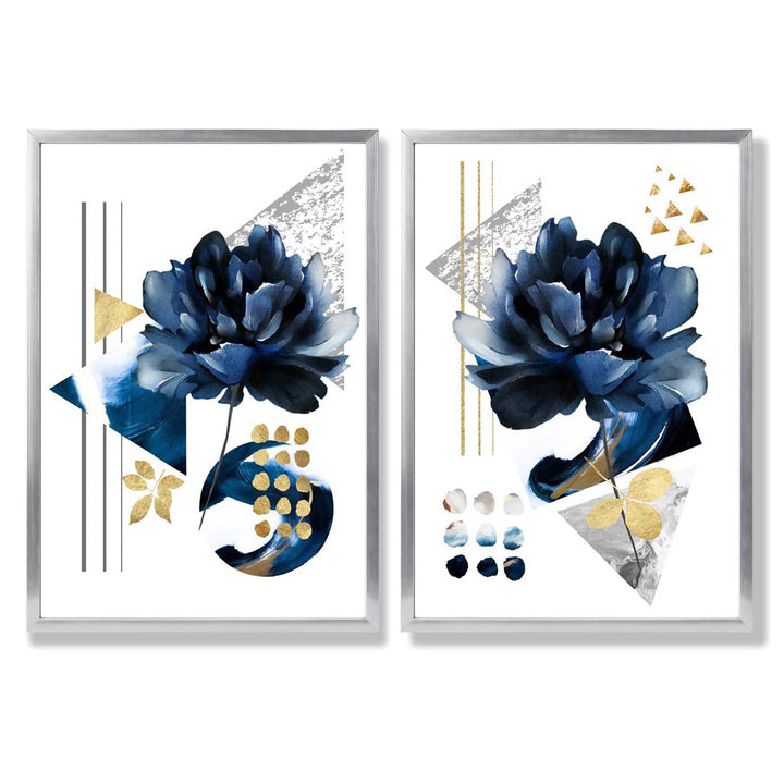 Contemporary Flowers in Blue and Gold Framed Set of 2 Art Prints | Bowlift