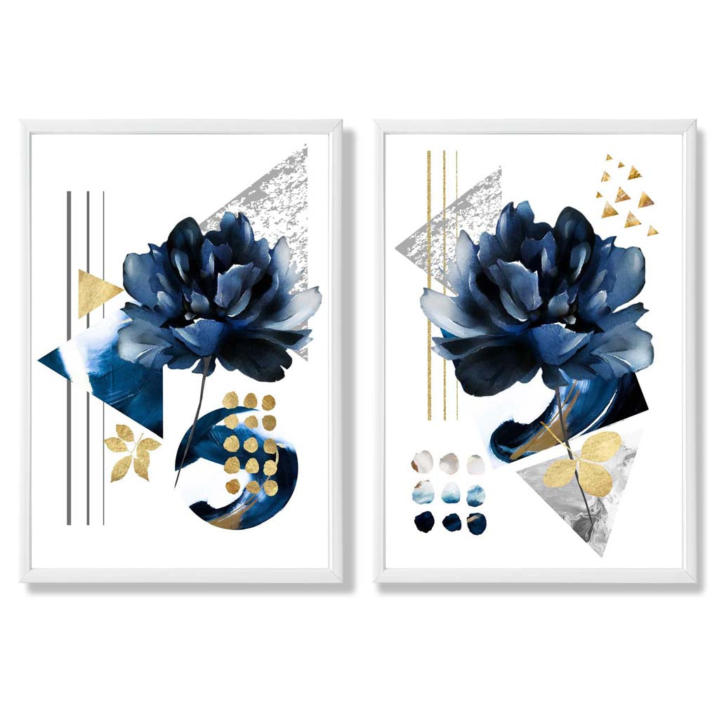 Contemporary Flowers in Blue and Gold Framed Set of 2 Art Prints | Bowlift