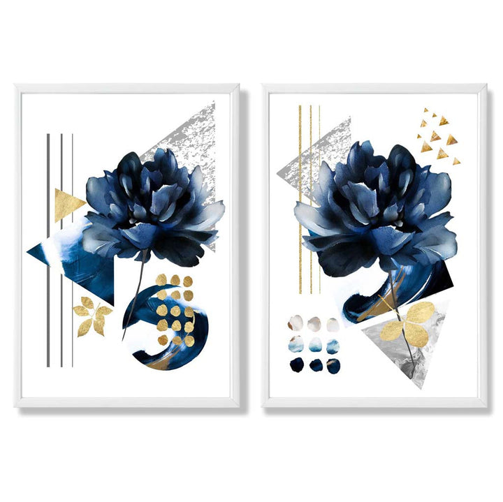 Contemporary Flowers in Blue and Gold Framed Set of 2 Art Prints | Bowlift