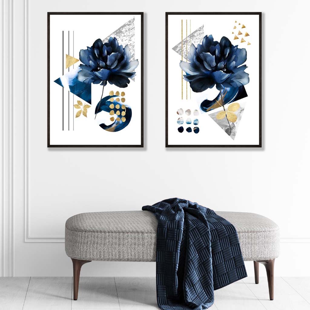 Contemporary Flowers in Blue and Gold Set of 2 Art Prints | Bowlift