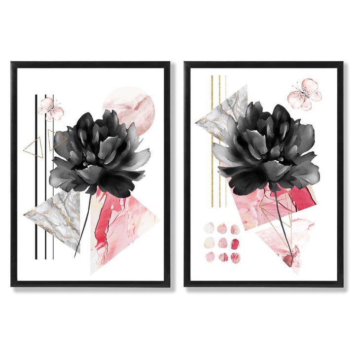 Contemporary Flowers in Black and Pink Framed Set of 2 Art Prints | Bowlift