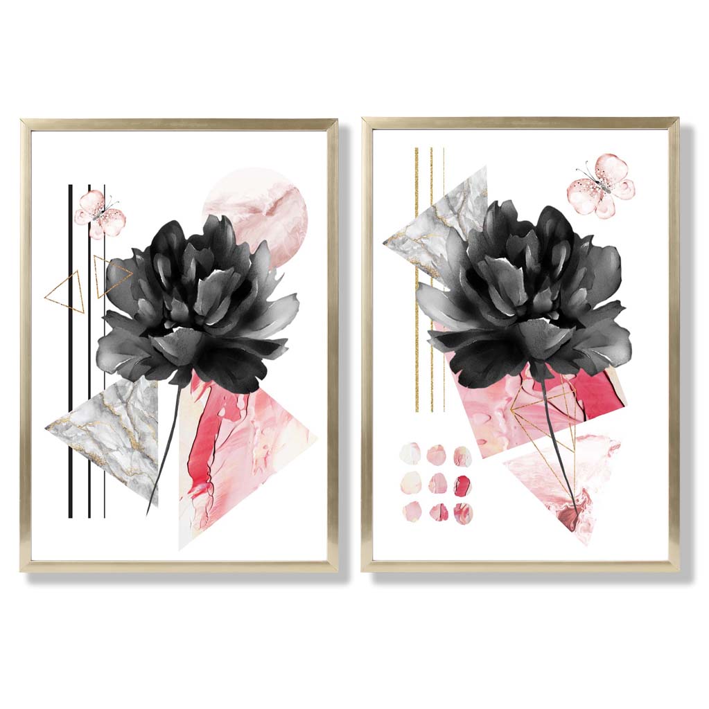 Contemporary Flowers in Black and Pink Framed Set of 2 Art Prints | Bowlift