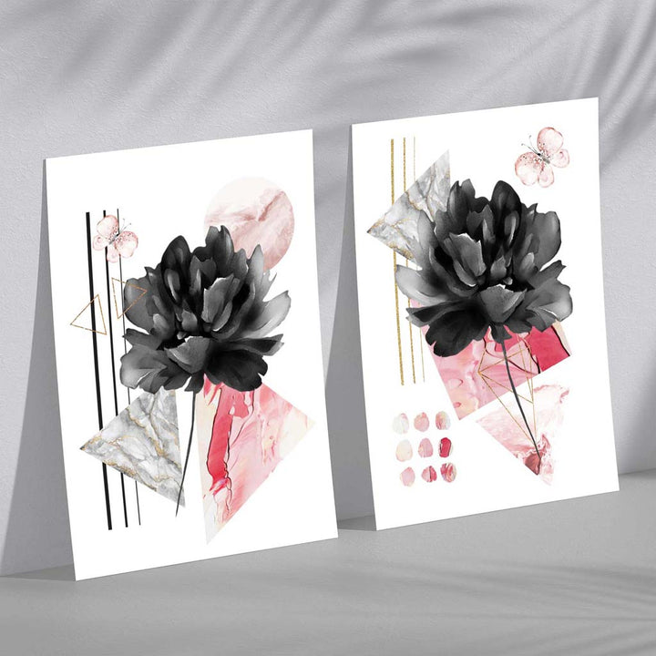 Contemporary Flowers in Black and Pink Framed Set of 2 Art Prints | Bowlift