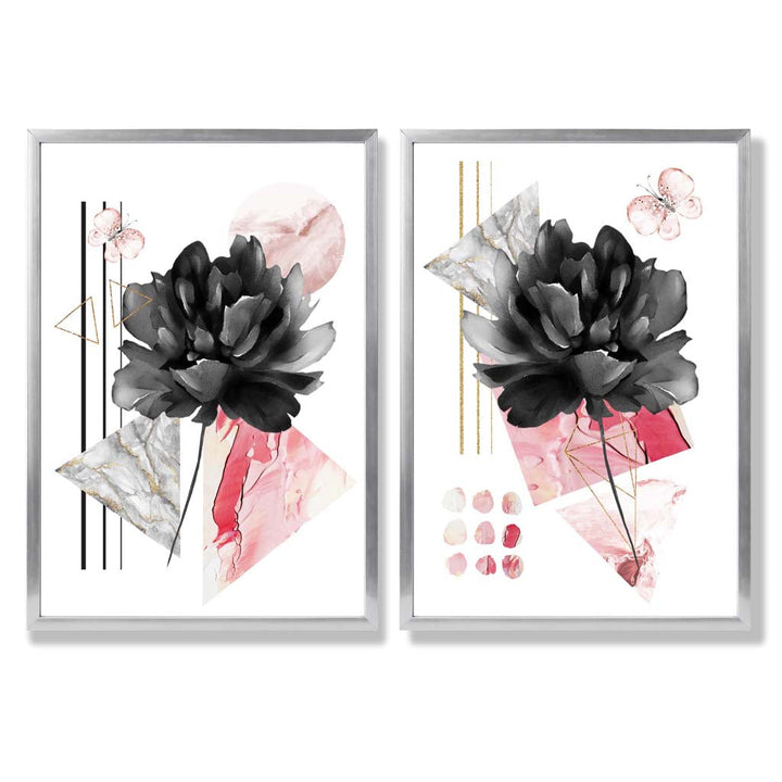 Contemporary Flowers in Black and Pink Framed Set of 2 Art Prints | Bowlift