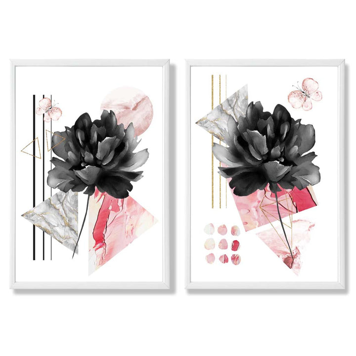 Contemporary Flowers in Black and Pink Framed Set of 2 Art Prints | Bowlift