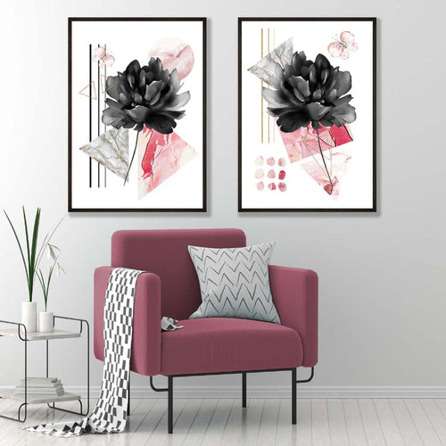 Contemporary Flowers in Black and Pink Framed Set of 2 Art Prints | Bowlift