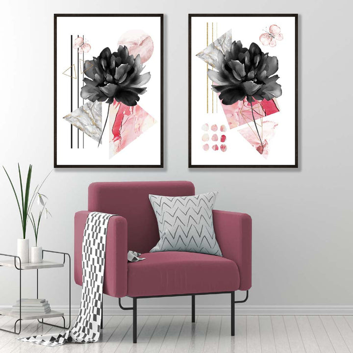 Contemporary flowers in black and pink set of 2 art prints | Bowlift