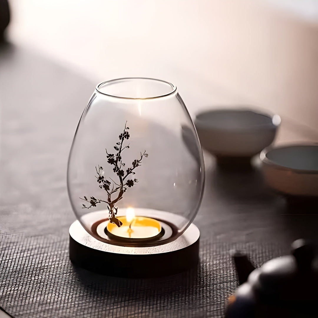 2-piece set glass candle holders with wooden base - decorative in retro zen style | perfect for living room, taBowlifte decoration and outdoor | Bowlift