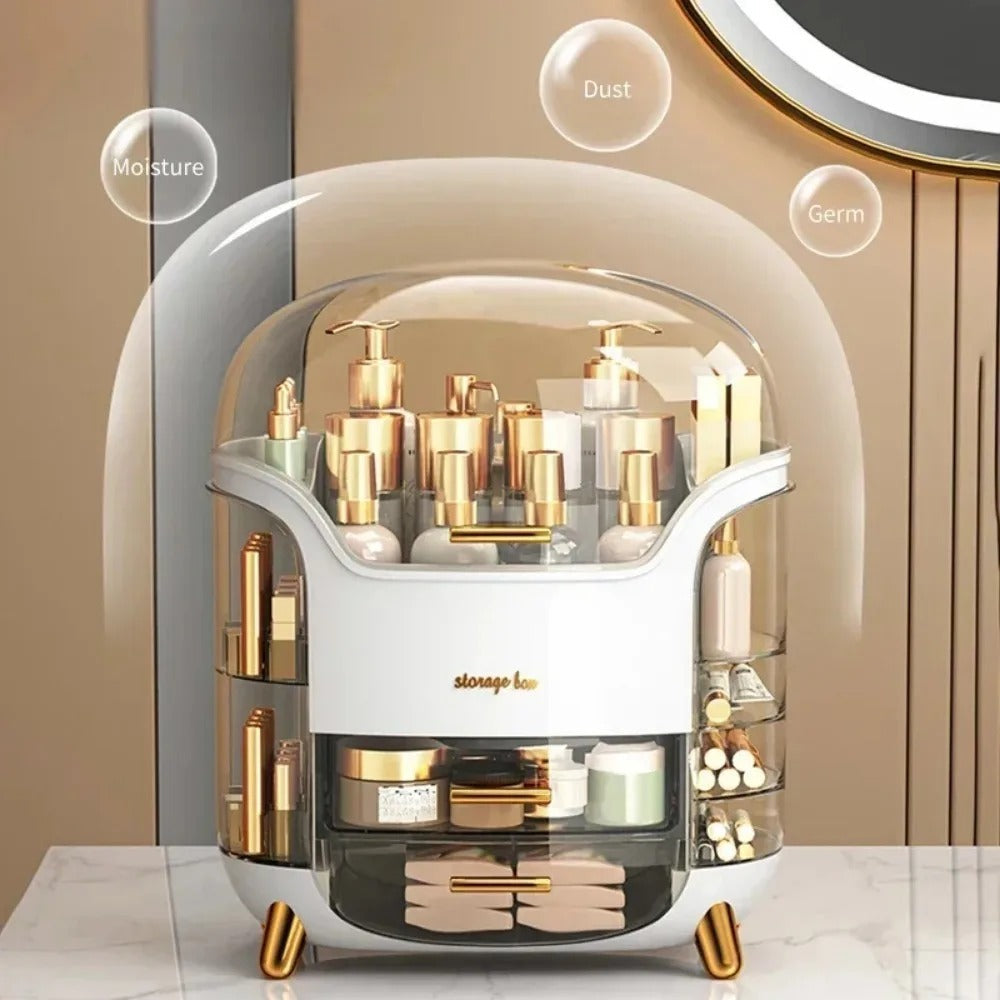 Luxury transparent makeup organizer with rotating doors and drawers | Bowlift