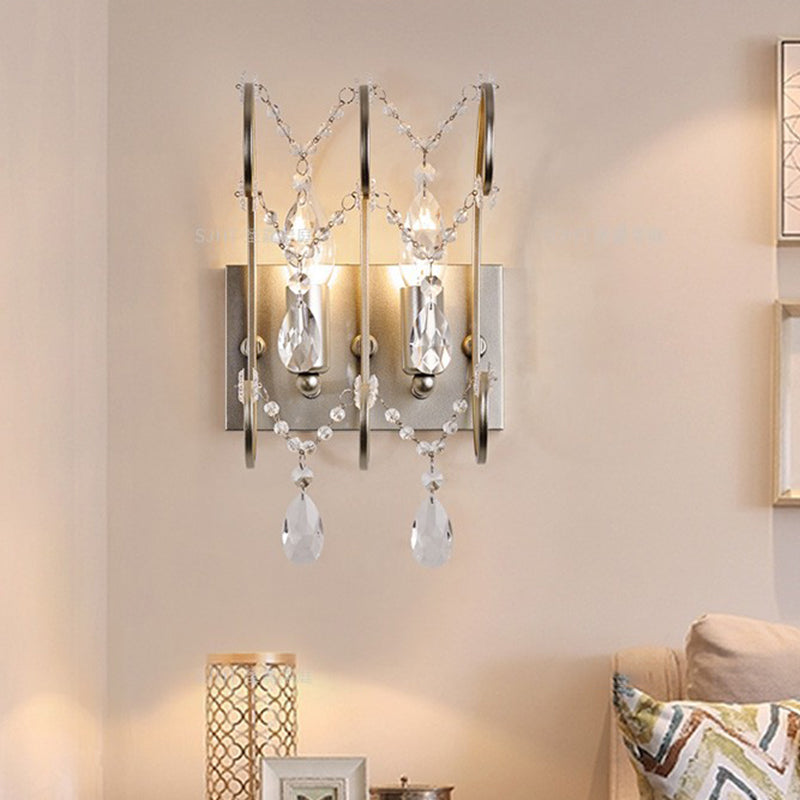 BowLift | 2-Light Crystal Strand Wall Lamp Contemporary Silver Bar Bedroom Wall Mount Light